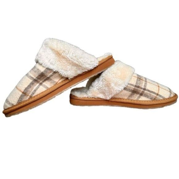 Minnetonka Shar Faux Fur Scuff Tan Brown Plaid Cozy Slip-On Slippers. 9. - Picture 3 of 7